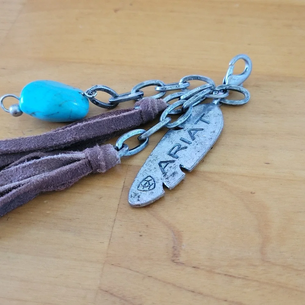Vintage ARIAT Turquoise Stone Suede Tassel Bag Charm Keychain 8 Inch 18g
